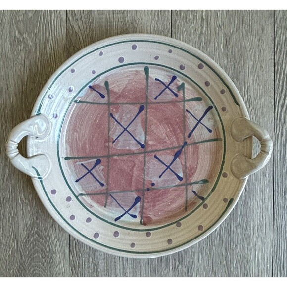 Vintage Studio Pottery 11” Plate Platter Dish Handles Abstract Signed Blue Pink - Picture 1 of 7